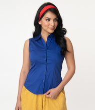 Load image into Gallery viewer, Royal Blue Sleeveless Collared Cotton Button Up Blouse