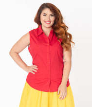 Load image into Gallery viewer, Plus Size Retro Red Sleeveless Collared Cotton Button Up Blouse