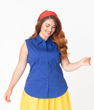 Load image into Gallery viewer, Plus Size Royal Blue Sleeveless Collared Cotton Button Up Blouse
