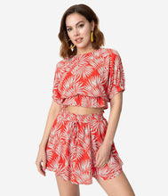 Load image into Gallery viewer, Retro Red & White Palm Print Crop Blouse