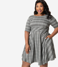 Load image into Gallery viewer, Hell Bunny Plus Size 1950s Style Grey Plaid Frostline Swing Dress