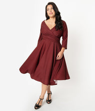 Load image into Gallery viewer, Plus Size 1950s Style Burgundy & Black Polka Dot Katherine Swing Dress
