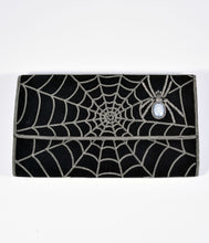 Load image into Gallery viewer, Black Suede & Silver Chain Spiderweb Envelope Clutch