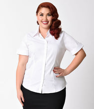 Load image into Gallery viewer, Plus Size White Collared Short Sleeve Cotton Button Up Blouse