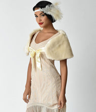 Load image into Gallery viewer, Unique Vintage Ivory Faux Fur Ribbon Tie Shrug
