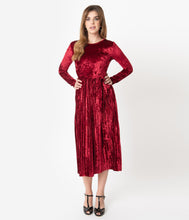Load image into Gallery viewer, Retro Style Wine Red Velvet Pleated Modest Midi Dress
