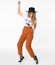 Load image into Gallery viewer, Retro Style Rust Orange &amp; Black Windowpane Check Capri Pants
