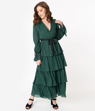 Load image into Gallery viewer, Emerald Green &amp; Black Polka Dot Long Sleeve Tiered Maxi Dress
