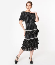 Load image into Gallery viewer, Retro Style Black Floral Print Tiered Midi Dress
