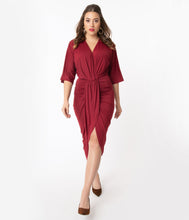 Load image into Gallery viewer, Retro Style Burgundy Ruched Wrap Front Dress
