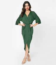 Load image into Gallery viewer, Retro Style Emerald Green Ruched Wrap Front Dress
