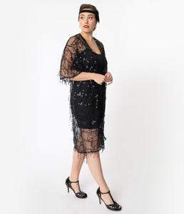 1920s Style Black Sequin Mesh Long Kimono