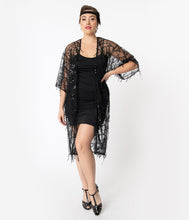 Load image into Gallery viewer, 1920s Style Black Sequin Mesh Long Kimono
