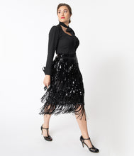 Load image into Gallery viewer, Black Sequin &amp; Fringe Tiered Skirt
