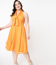 Load image into Gallery viewer, Plus Size Tangerine &amp; Ivory Pin Dot Halter Trinity Swing Dress
