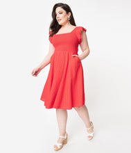 Load image into Gallery viewer, Plus Size Red Eyelet Lace Smocked Raphaella Swing Dress
