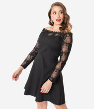 Load image into Gallery viewer, 1960s Style Black Lace Sleeve Fit &amp; Flare Dress

