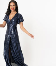 Load image into Gallery viewer, Sapphire Blue Sequin Wrap Maxi Dress
