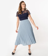 Load image into Gallery viewer, 1940s Style Light Blue &amp; Navy Polka Dot Pleated Skirt
