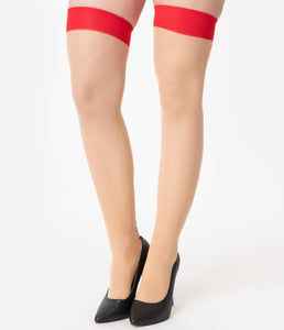 Beige & Red Lips Back Seam Thigh High Stockings