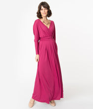 Load image into Gallery viewer, Retro Style Magenta Long Sleeve Maxi Dress

