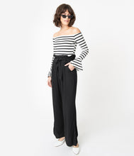 Load image into Gallery viewer, 1970s Style Black &amp; White Stripe Colorblock Jumpsuit
