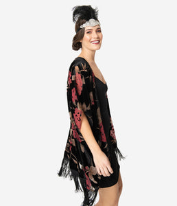 Black & Red Floral Devore Velvet Kimono