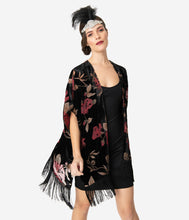 Load image into Gallery viewer, Black &amp; Red Floral Devore Velvet Kimono
