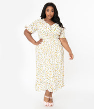 Load image into Gallery viewer, Plus Size 1970s Style Ivory &amp; Yellow Delicate Floral Print Midi Dress
