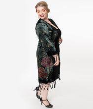 Load image into Gallery viewer, Vintage Style Green &amp; Black Peacock Print Velvet Beaded Flapper Coat
