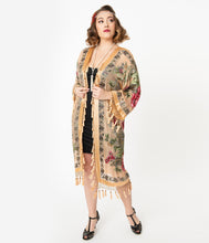 Load image into Gallery viewer, Flapper Style Gold Beaded Floral Print Scarf Coat
