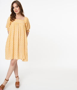 1960s Mellow Yellow Flocked Babydoll Dress