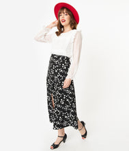 Load image into Gallery viewer, Retro Style Black &amp; Ivory Floral Belted Midi Skirt

