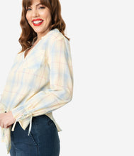Load image into Gallery viewer, Lemon &amp; Blue Plaid Front Tie Blouse
