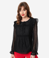 Load image into Gallery viewer, 1970s Style Black Swiss Dot Ruffle Blouse
