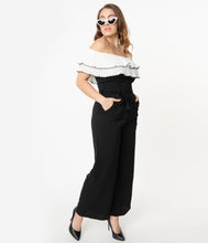 Load image into Gallery viewer, Black &amp; White Off Shoulder Ruffle Jumpsuit
