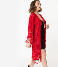 Load image into Gallery viewer, Red Devore Velvet Beaded Fringe Long Flapper Coat
