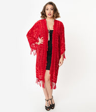 Load image into Gallery viewer, Red Devore Velvet Beaded Fringe Long Flapper Coat
