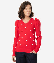 Load image into Gallery viewer, Red &amp; White Pom Pom Polka Dot Sweater

