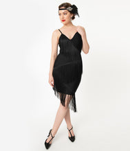 Load image into Gallery viewer, Vintage Style Black Bandage Fringe Flapper Dress
