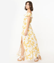 Load image into Gallery viewer, White &amp; Mustard Floral Print Off the Shoulder Maxi Dress
