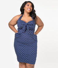 Load image into Gallery viewer, Plus Size Navy &amp; White Polka Dot Lyric Wiggle Dress

