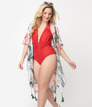 Load image into Gallery viewer, White Floral &amp; Palm Print Swim Coverup
