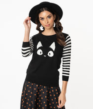 Load image into Gallery viewer, Black &amp; White Stripe Knit Kitty Sweater
