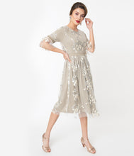 Load image into Gallery viewer, Grey Floral Embroidered Flute Sleeve Dress
