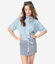 Load image into Gallery viewer, White &amp; Navy Striped Button Front Mini Skirt
