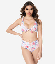 Load image into Gallery viewer, Light Blue &amp; Pink Striped Floral Print Two Piece Swim Set
