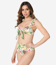 Load image into Gallery viewer, White &amp; Green Tropical Print Two Piece Swim Set
