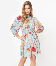 Load image into Gallery viewer, Light Blue Floral Print Long Sleeve Mini Dress
