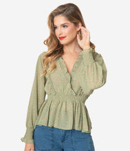 Load image into Gallery viewer, Sage Green Printed Long Sleeve Surplice Blouse
